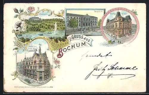 Lithographie Bochum, Stadtpark, Kaiserl. Post- und Telefonamt, Warenhaus Josef Wolff