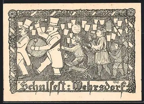 Künstler-AK Wehrsdorf, Schulfest 1929, Kinder mit Laternen bei einer Parade