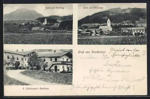 AK Rossholzen, Schulhaus, S. Obermayers Gasthaus und Heuberg