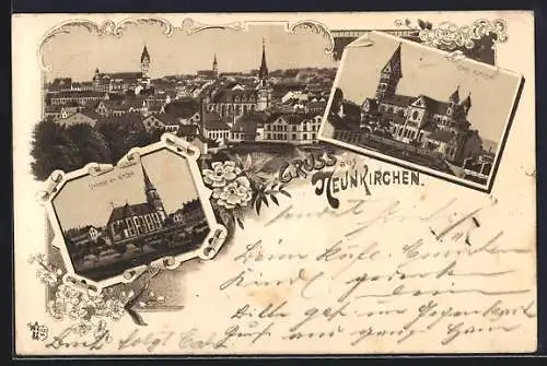 Lithographie Neunkirchen / Trier, Untere ev. Kirche, Kath. Kirche und Teilansicht