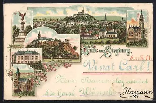 Lithographie Siegburg, Evangelische Kirche, Kahtol. Kirche, Mcihaelsberg mit Abtei, Kriegerdenkmal, Lehrerseminar, Ortsa