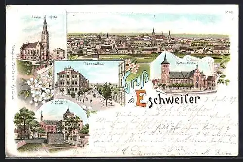 Lithographie Eschweiler, Rosenallee, Kathol. Kirche, St. Antonius Hospital