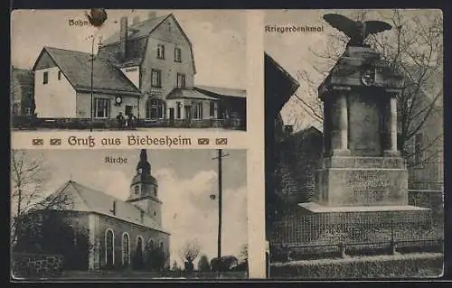 AK Biebesheim, Kirche, Bahnhof und Kriegerdenkmal