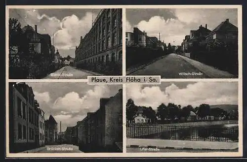 AK Plaue / Flöha, Siems-Strasse, Wilisch-Strasse, Brücken-Strasse