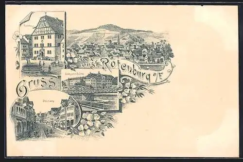 Lithographie Rotenburg a. F., Steinweg, Rathaus und Schloss