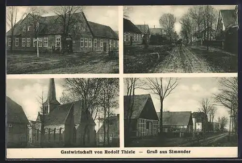 AK Simander, Gasthaus von Rodolf Thiele, Strassenpartie und Kirche