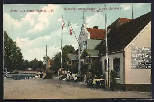 AK Schönkirchen i. H., Restaurant zur Deutschen Eiche mit Kegelbahn von Bernh. Heuck