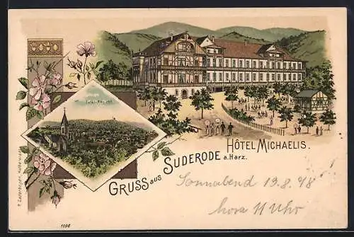 Lithographie Suderode a. H., Hotel Michaelis mit Bergen im Hintergrund, Ortsansicht aus der Vogelschau