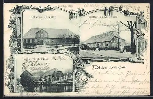 AK Müden /Celle, Gasthof v. Aug. Wessel, Mühle und Hof von H. Müller