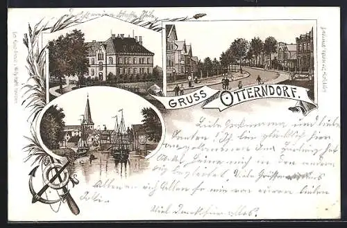 Lithographie Otterndorf, Ortsansicht, Strassenpartie