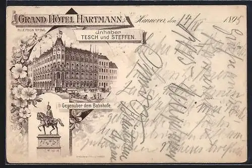 AK Hannover, Grand Hotel Hartmann, Bes. Tesch und Steffen, Aussenansicht und Denkmal