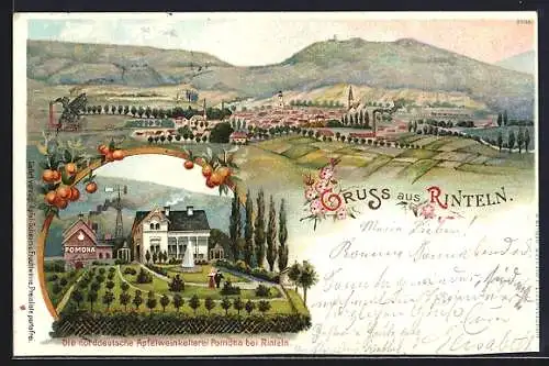 Lithographie Rinteln, Panorama und Apfelweinkelterei Pomona