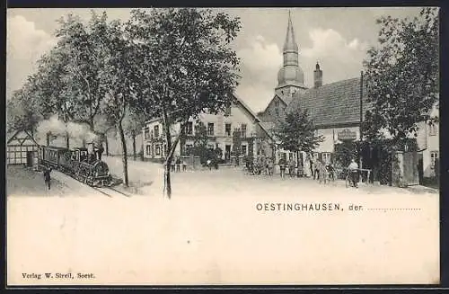 AK Oestinghausen, Gasthaus zum Stern von Caspar Sauerland, einfahrender Zug