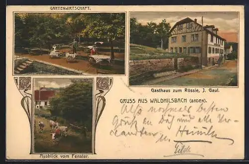 AK Waldhilsbach /Baden, Gasthaus zum Rössle v. J. Gaul, Garten und Blick aus dem Fenster