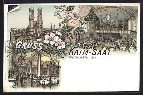 Lithographie München-Au, Gasthaus Kaim-Saal, Innenansichten