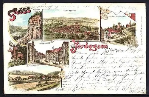 Lithographie Hardegsen b. Northeim, Bahnhofstrasse, Langgstrasse und Hühn`sche Burg