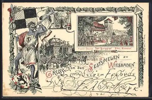 Künstler-Lithographie Wiesbaden, Volksfest Festspiele, Hist. Drama Der Burggraf, Minnehof, Ritter mit Fahne, Wappen