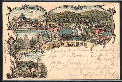 Lithographie Bad Grund, Kurhaus, Hübichenstein und Iberger Aussichtsturm