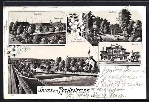 Lithographie Rothenfelde / Dissen, Blick auf Badehotel, Spielplatz, Bahnhof und Blick vom Gradirwerk