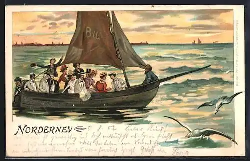 Lithographie Norderney, Segelfahrt im Meer