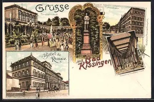 Lithographie Bad Kissingen, Hotel de Russie, Kurhaus-Strasse und Konversationssaal