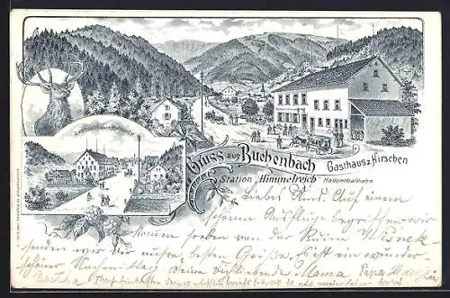 Lithographie Buchenbach / Himmelreich, Gasthaus zum Hirschen und Blick zum Wald