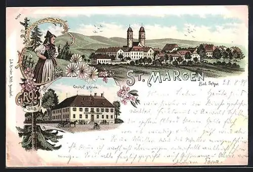 Lithographie St. Märgen /Bad. Schw., Gasthof zur Krone und Teilansicht