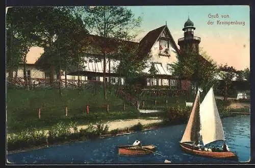 AK Müggelheim /Köpenick, Gasthof Krampenburg, Ansicht vom Ufer aus