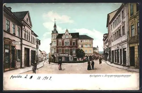 AK Apolda, Strasse am Karlsplatz u. Zimmermannsdenkmal