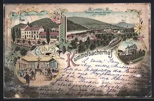 Lithographie Neckargemünd, Restaurant Kümmelbacher Hof, Saalansicht, Villa Heinz, Neckartal