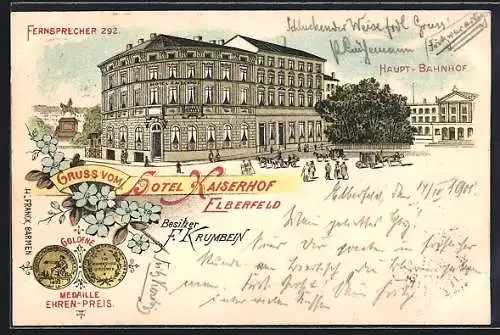 Lithographie Elberfeld, Haupt-Bahnhof mit Hotel Kaiserhof, goldene Medaille Ehren-Preis 1895