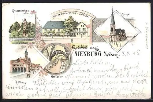 Lithographie Nienburg a. Weser, Kriegerdenkmal, Rathaus und Hotel v. C. Busse