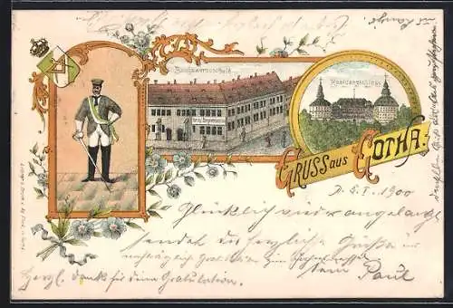 Lithographie Gotha, Baugewerksschule und Residenzschloss