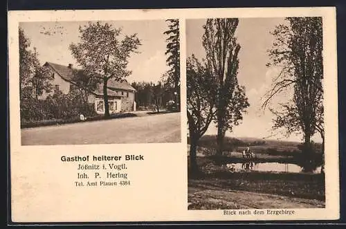 AK Jössnitz i. Vogtl., Gasthof heiterer Blick, Bes. P. Hering, Blick nach dem Erzgebirge