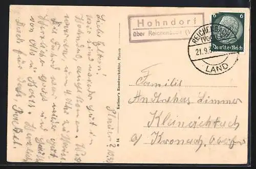 AK Jössnitz i. Vogtl., Gasthof heiterer Blick, Bes. P. Hering, Blick nach dem Erzgebirge