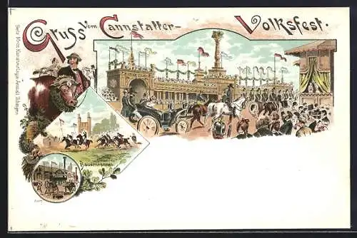 Lithographie Cannstatt, Cannstatter Volksfest, Bauernrennen und Festzug