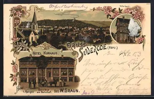 Lithographie Suderode / Harz, Ortsansicht von oben, Villa Graun, Hotel Kurhaus