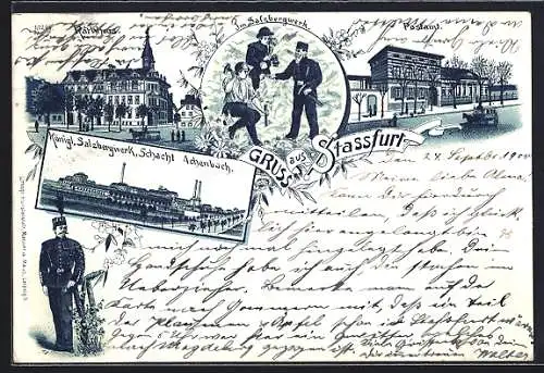 Lithographie Stassfurt, Arbeiter im Salzbergwerk, Königliches Salzbergwerk, Schacht Achenbach, Rathaus, Postamt