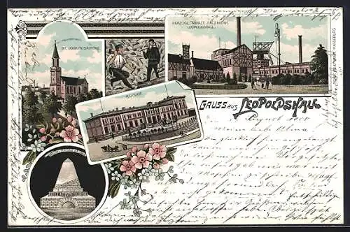 Lithographie Leopoldshall, St. Johanniskirche, Bahnhof und Herzogl. Anhalt. Salzwerk