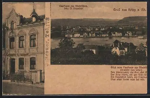 AK Kripp a. Rh., Gasthaus zur Rheinfähre v. J. Drescher und Teilansicht