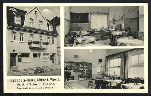 AK Löhne i. Westf., Bahnhofs-Hotel, Bes. J. H. Schmidt, Aussenansicht und Esseszimmer