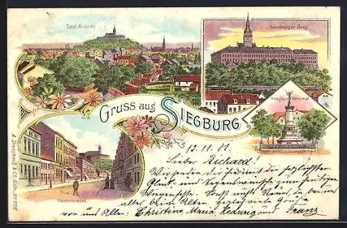 Lithographie Siegburg, Siegburger Berg, Krieger-Denkmal, Kaiserstrasse