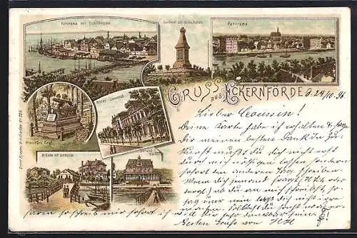 Lithographie Eckernförde, Schiffbrücke, Marien-Louisenbad und Strand-Hotel