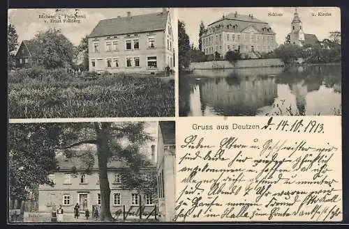 AK Deutzen, Schule, Bäckerei und Fleischerei von Ernst Freiberg, Schloss und Kirche