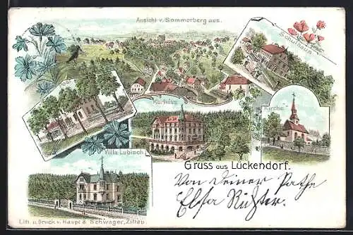 Lithographie Lückendorf, Kurhaus, Villa Lubisch, Schulhaus, Kirche und Post