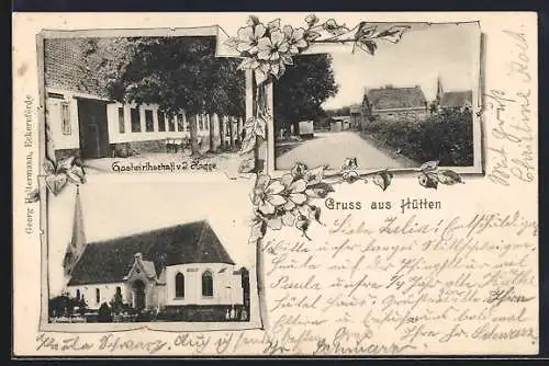 AK Hütten / Schleswig, Gastwirtschaft v. J. Hagge, Kirche, Ortspartie