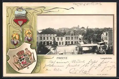 Passepartout-Lithographie Preetz, Drillers Hotel an der Langebrücke, Wappen und Schwertlilie