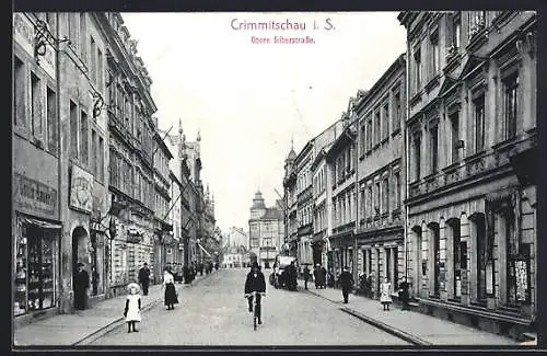 AK Crimmitschau i. S., Obere Silberstrasse mit Geschäft von Louis Bauer