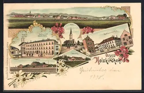 Lithographie Holzkirchen / Obb., Gasthaus neue Post, Gasthaus zum Hausl-Bräu und Gasthaus alte Post, Bahnhof