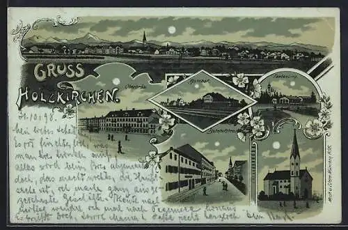 Mondschein-Lithographie Holzkirchen / Obb., Gasthaus Oberbräu, Bahnhof, Bahnhofstrasse, Taubenberg und Kirche